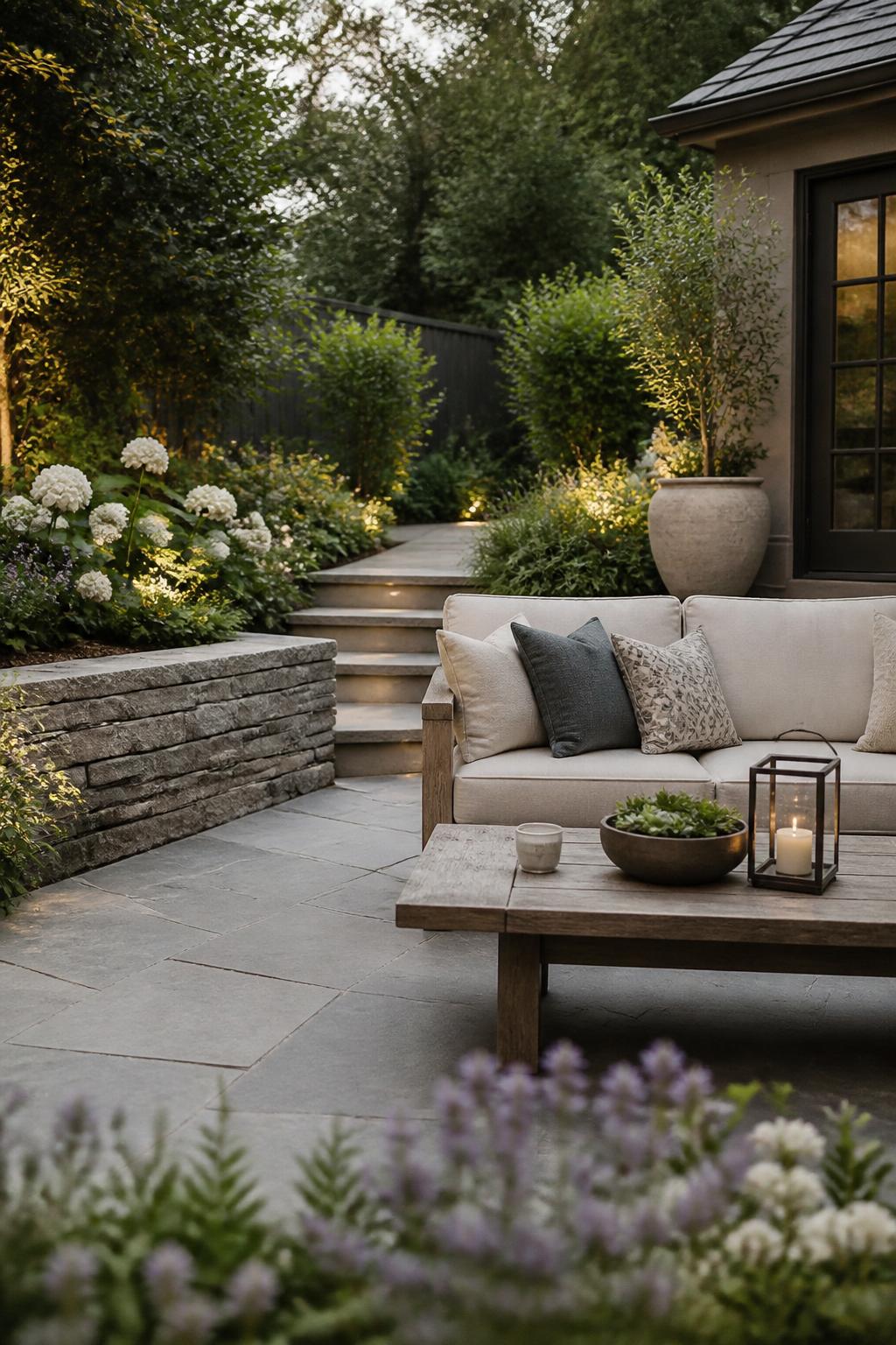 Finished outdoor seating area with layered garden plantings.