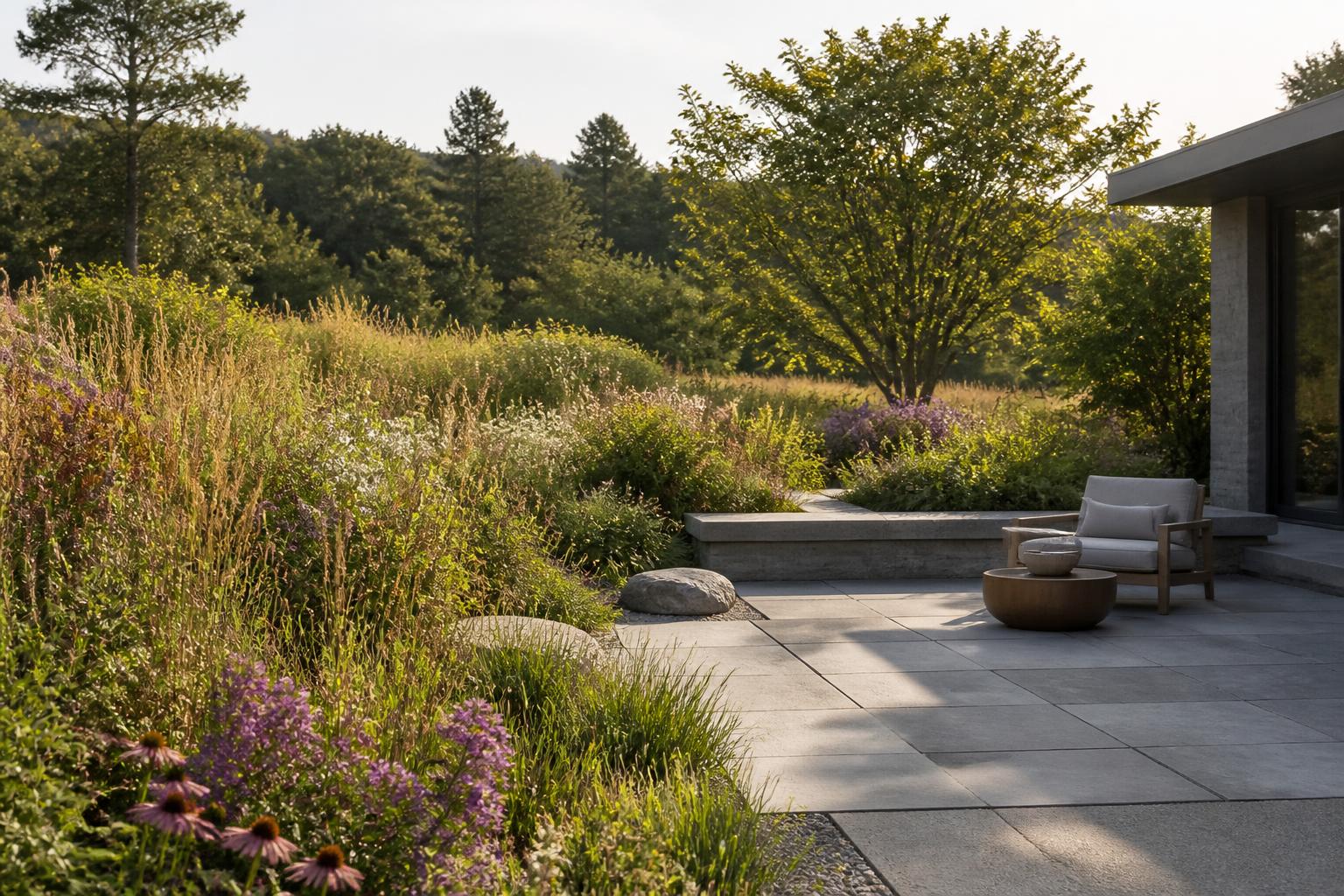 Lush native planting border beside a modern stone patio.