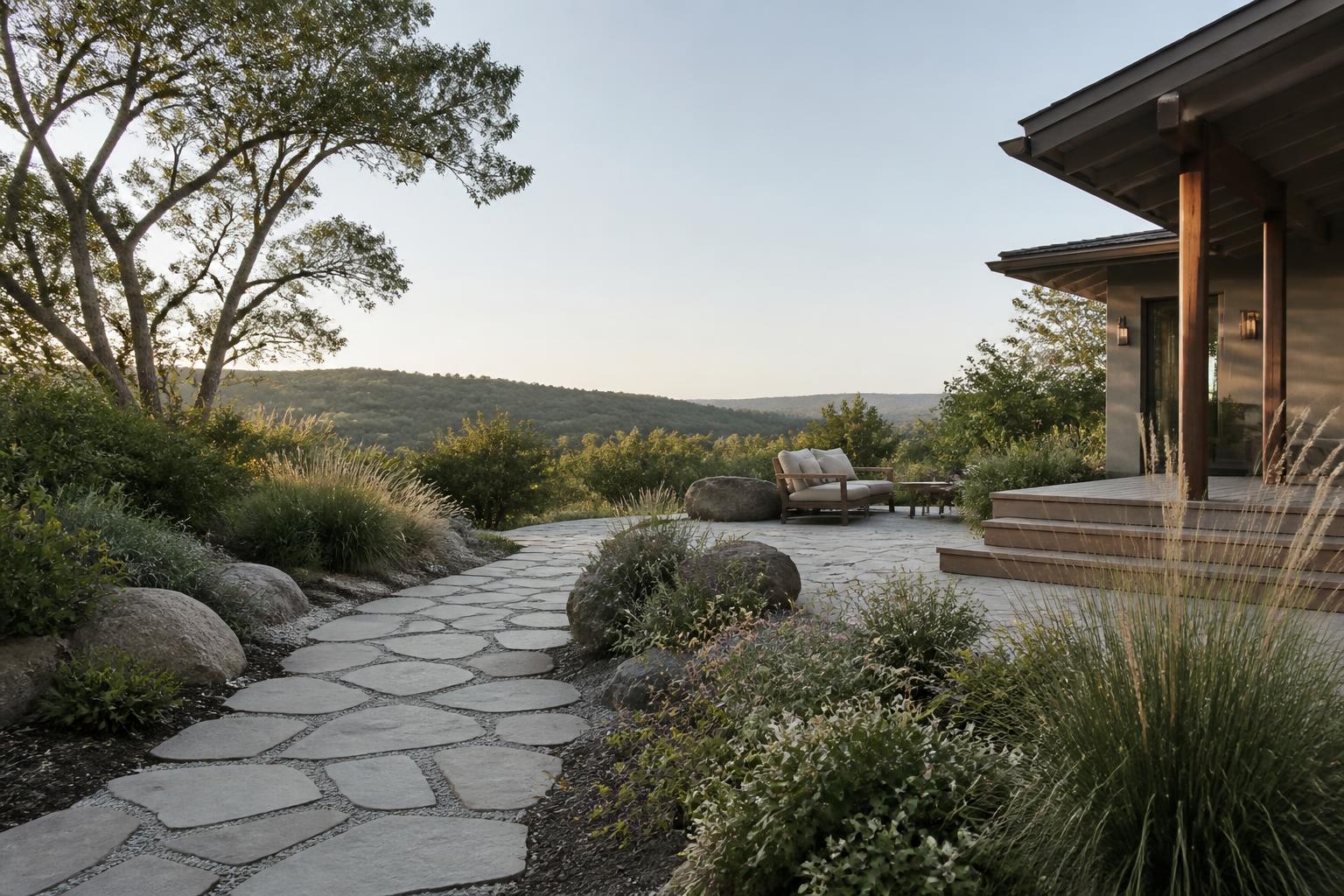 Finished backyard retreat with stone walkway and open space.